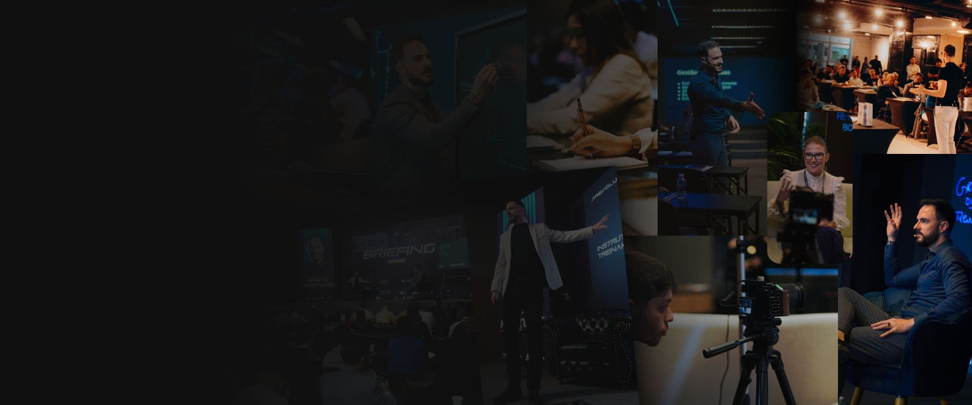 Mosaico de fotos de palestras e treinamentos de Jônas Pastore