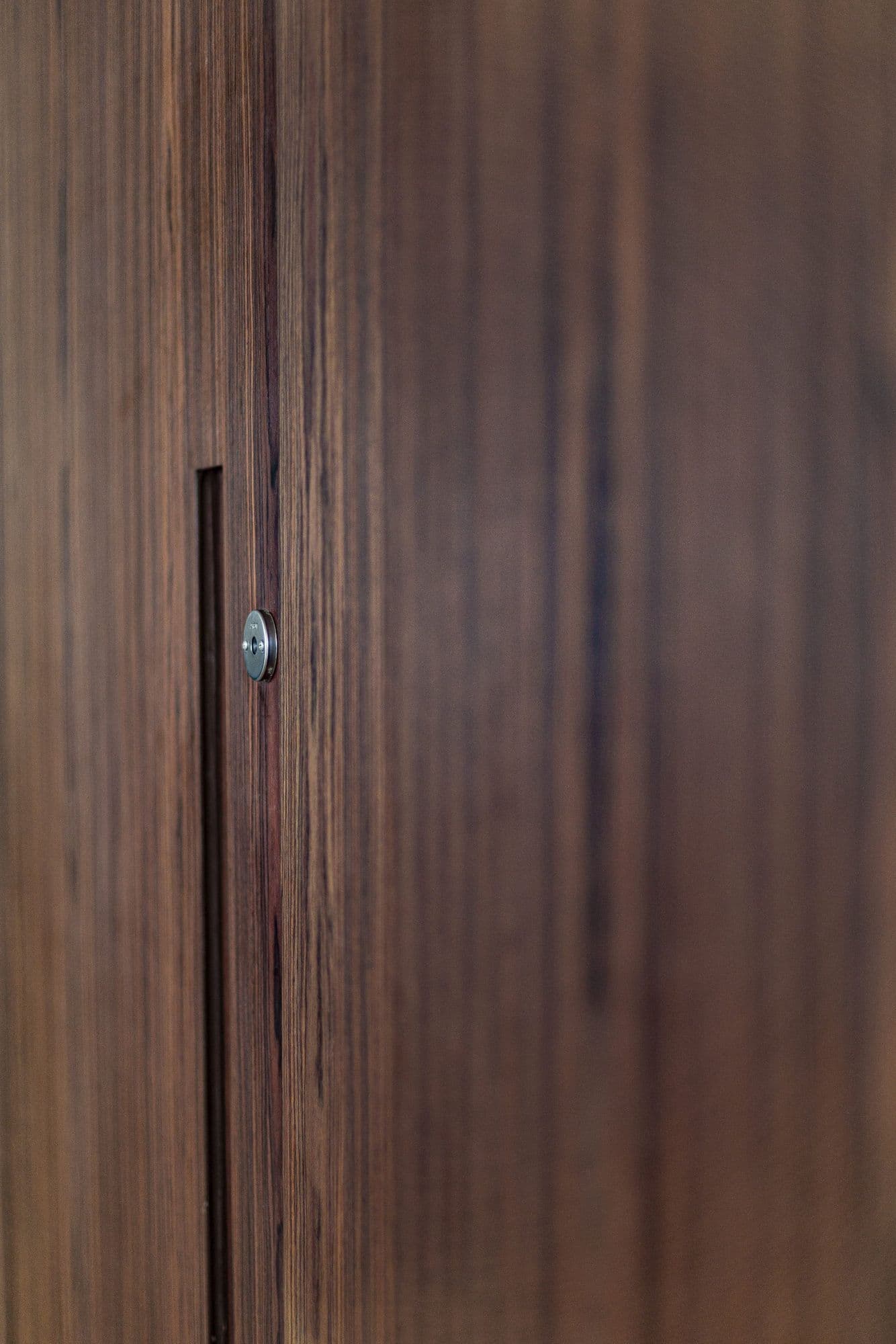 Detalhe de porta em madeira escura com fechadura embutida